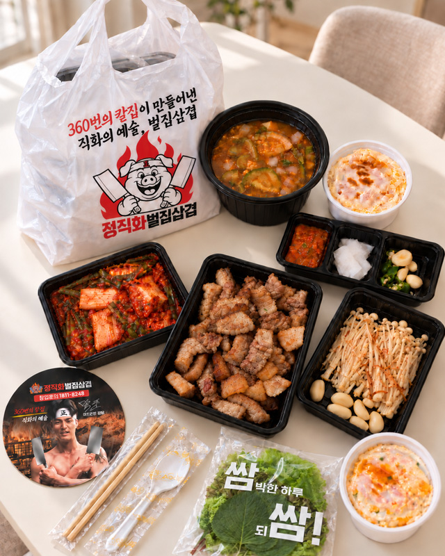 정직화벌집삼겹 매장에서 사용하는 로고 인쇄 포장용기, 포장봉투와 쌈봉투, 스티커
