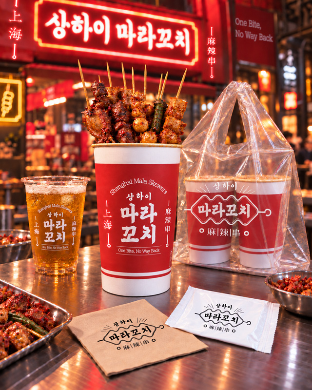 상하이마라꼬치 매장에서 사용하는 페트컵, 포장컵과 포장봉투, 냅킨과 물티슈